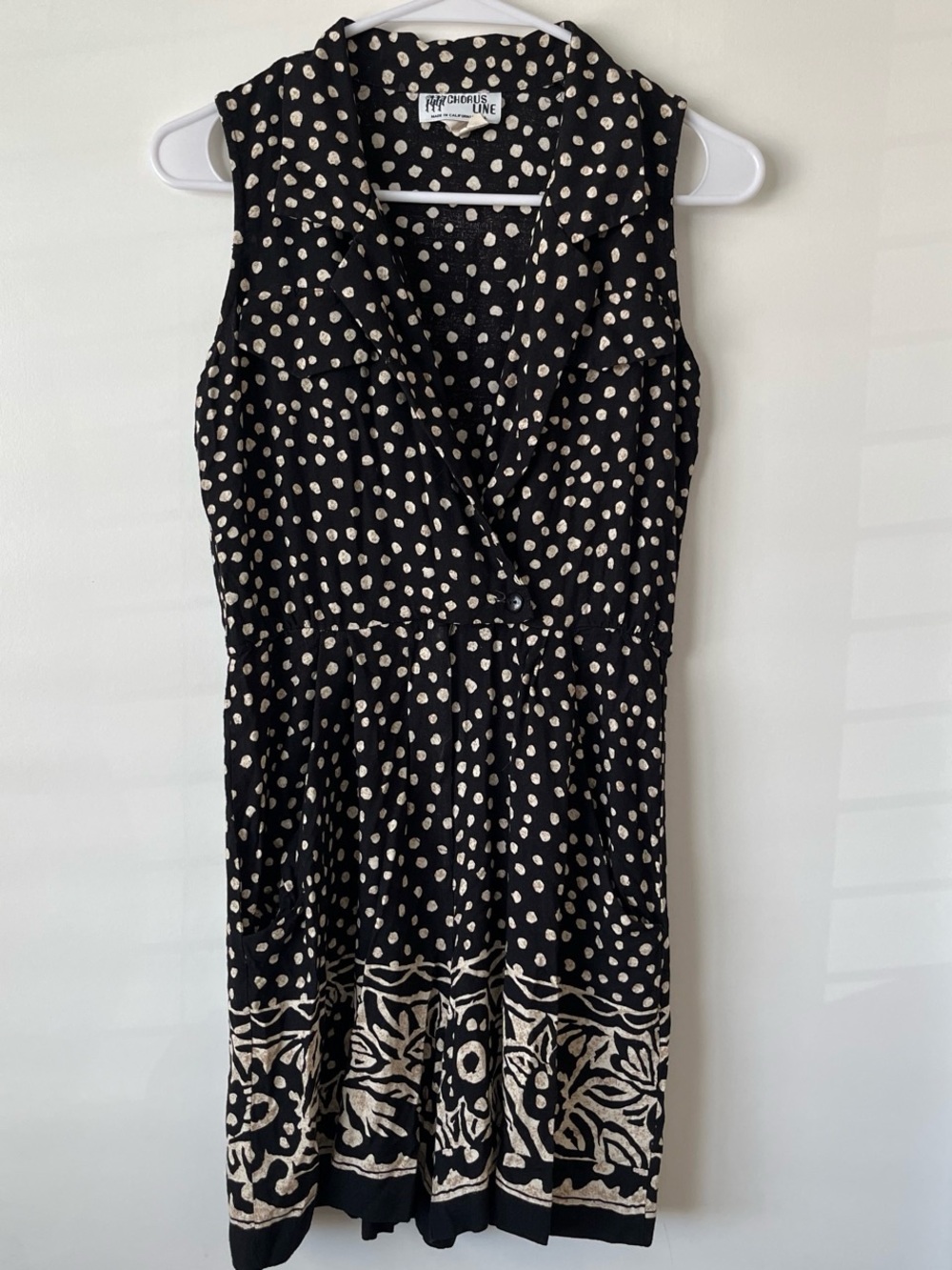 Vintage Black & Cream Sleeveless Polka Dot Wrap Dress